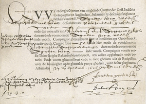 VOC aandeel, uitgegeven in 1606 